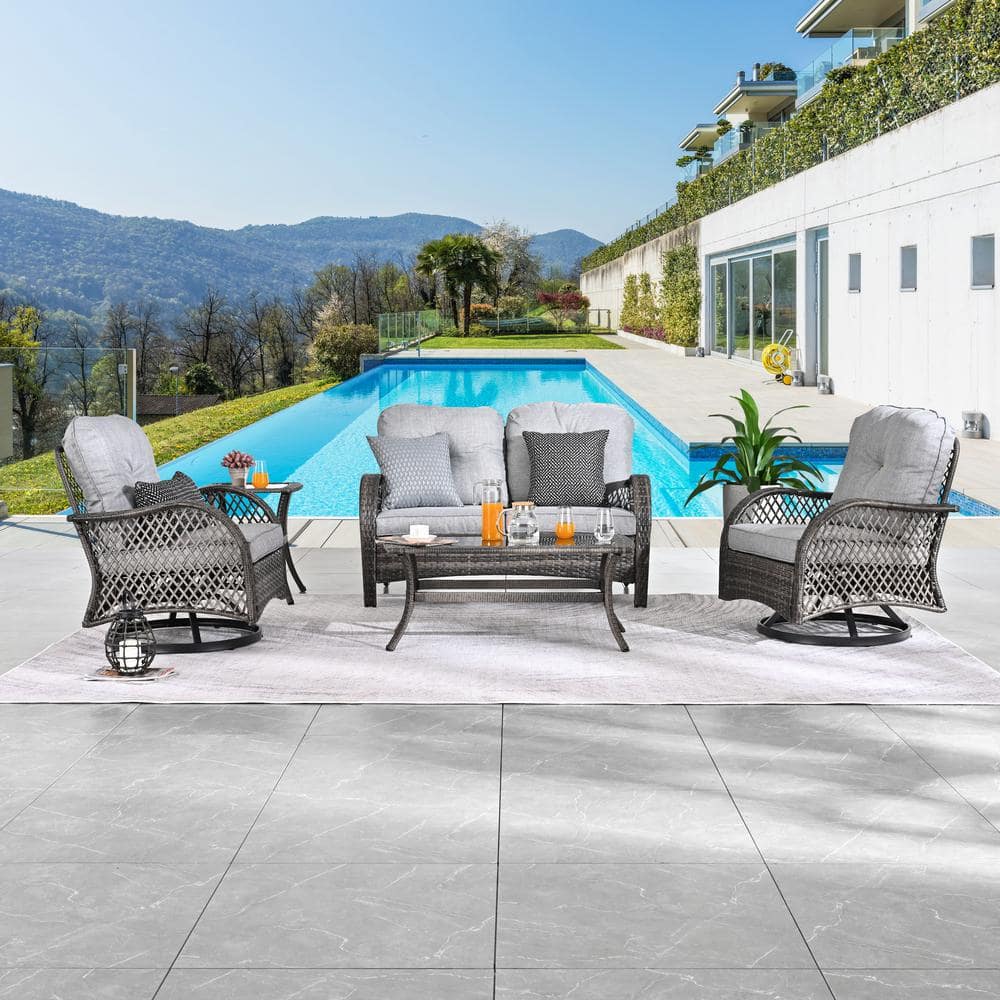 Patio Festival 5Piece Wicker Patio Conversation Set with Gray Cushions PF22012014 The Home Depot