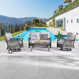 5-Piece Wicker Patio Conversation Set with Gray Cushions