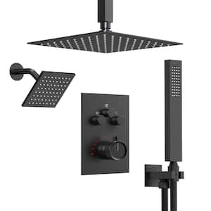 7-Spray Patterns 12 in., 6 in. Rainfall Wall and Ceiling Mount 2.5 GPM Fixed and Handheld Shower Head in Matte Black