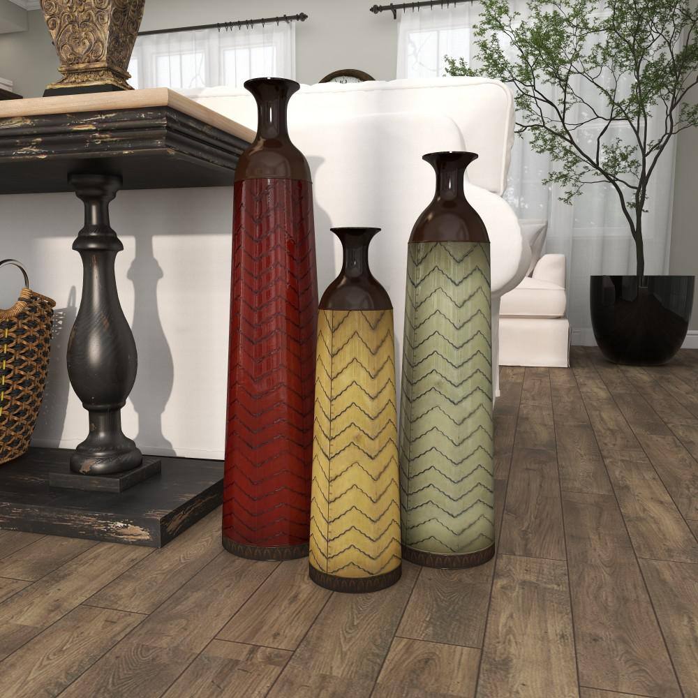 Tall Multi-Colored Metal Floor Vases with Chevron Pattern, Set of 3