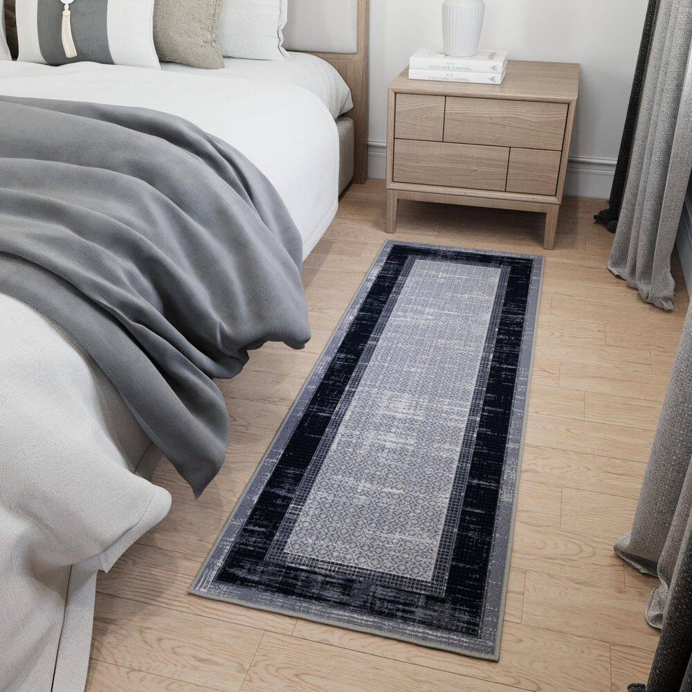 Gray and Black Non-Slip Synthetic Hallway Runner Rug