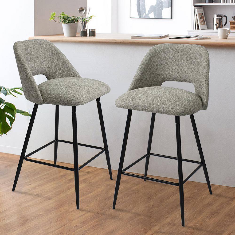 Light Gray Upholstered Counter Height Stools with Black Metal Frame, Set of 2
