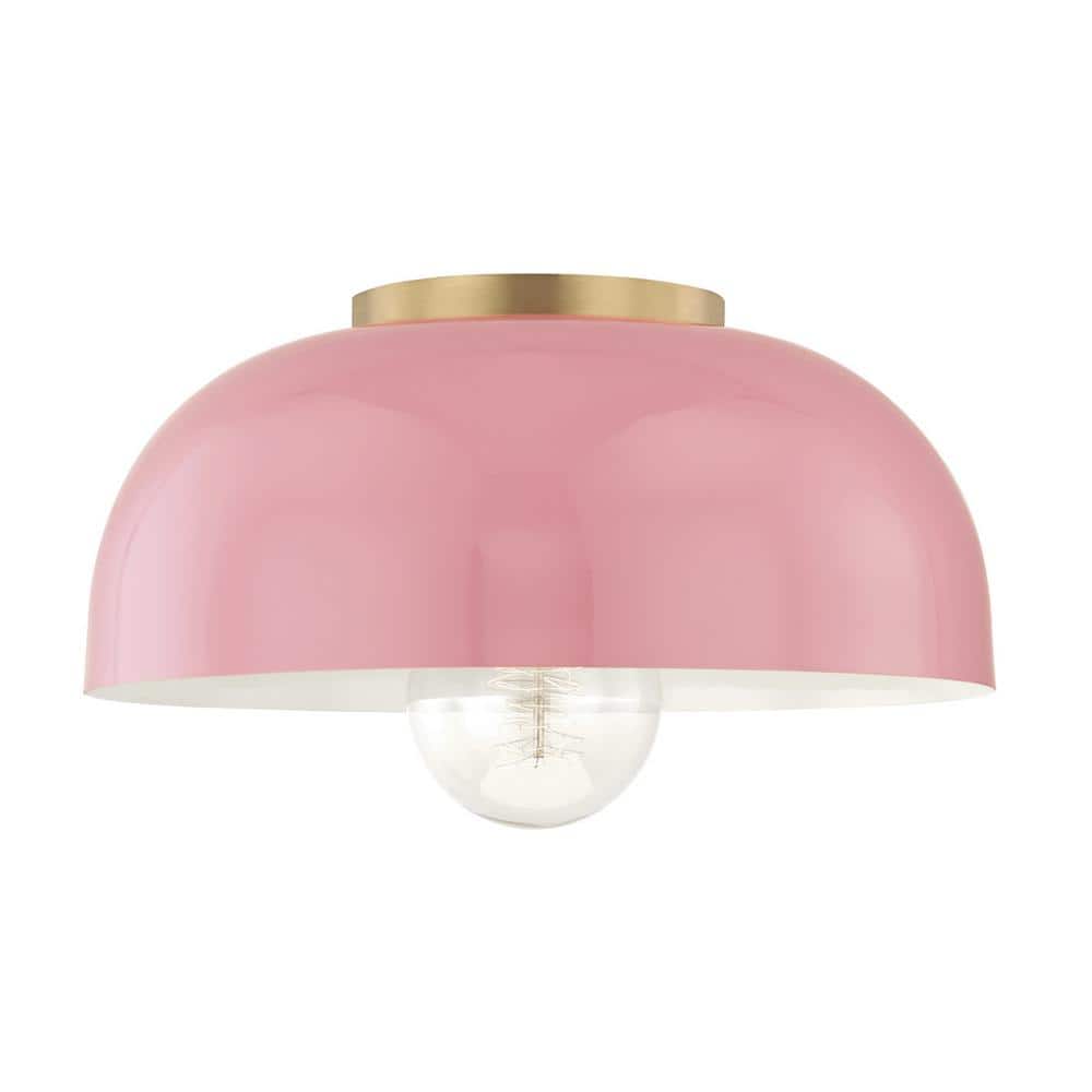 MITZI HUDSON VALLEY LIGHTING Avery 1-Light 14 in. W Aged Brass Semi-Flush  Mount with Pink Metal Shade H199501L-AGB/PK The Home Depot