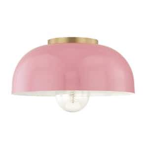 Avery 1-Light 14 in. W Aged Brass Semi-Flush Mount with Pink Metal Shade