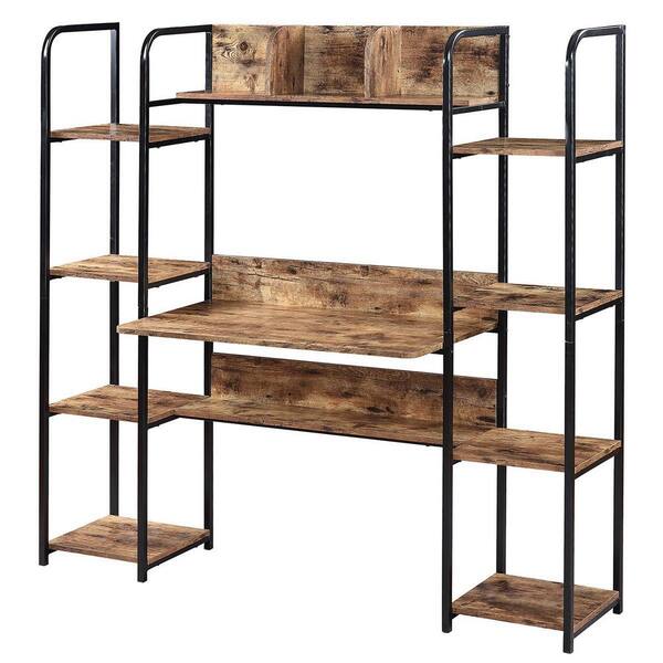 maocao hoom 63 in. W Brown Writing Desk Computer Desk Study Workstation with Storage Hutch and double bookcase