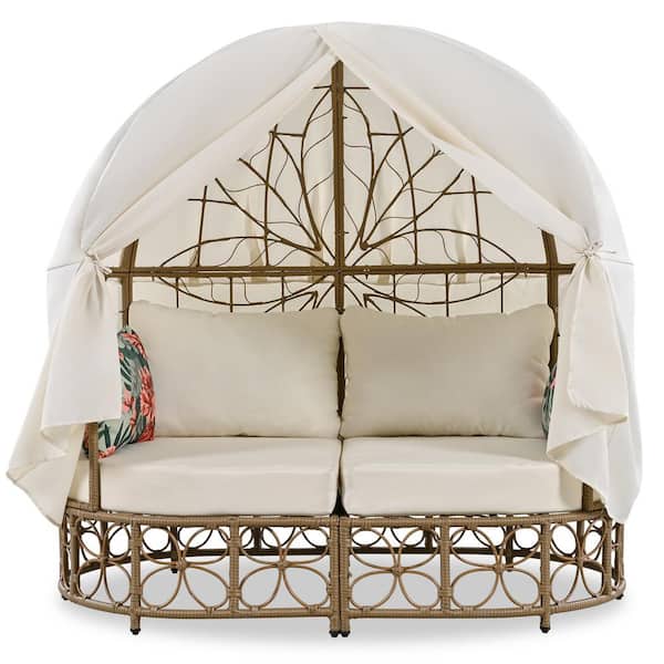 Sudzendf Wicker Patio Outdoor Day Bed with Beige Cushions and Colorful Pillows, Curtain