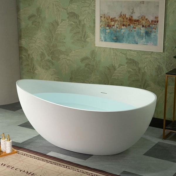 63 in. x 35 in. Solid Surface Stone Resin Soaking Bathtub with Center Drain in Matte White