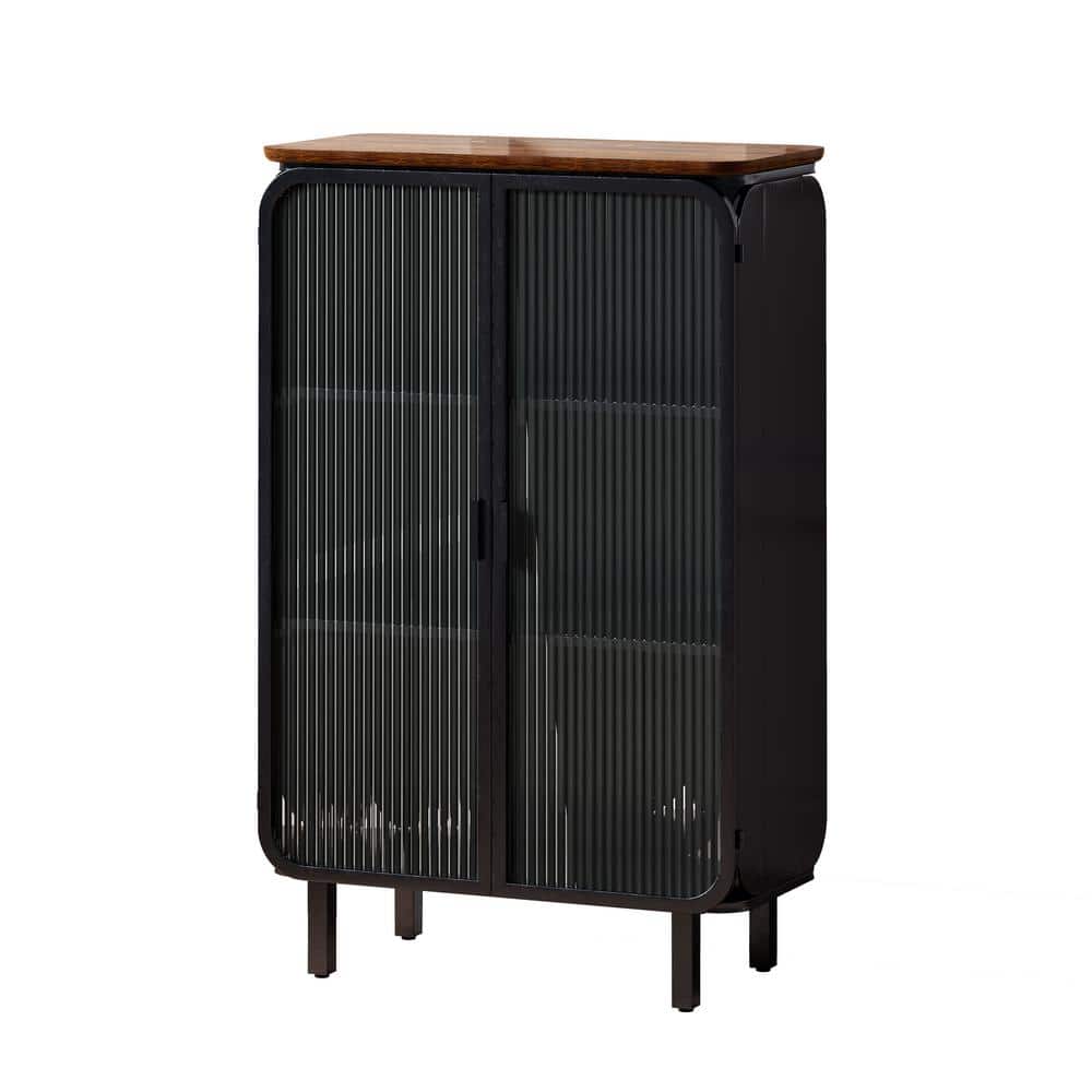 Black Modern Glass Doors Metal Pantry Organizer with Featuring 3-tier Stora