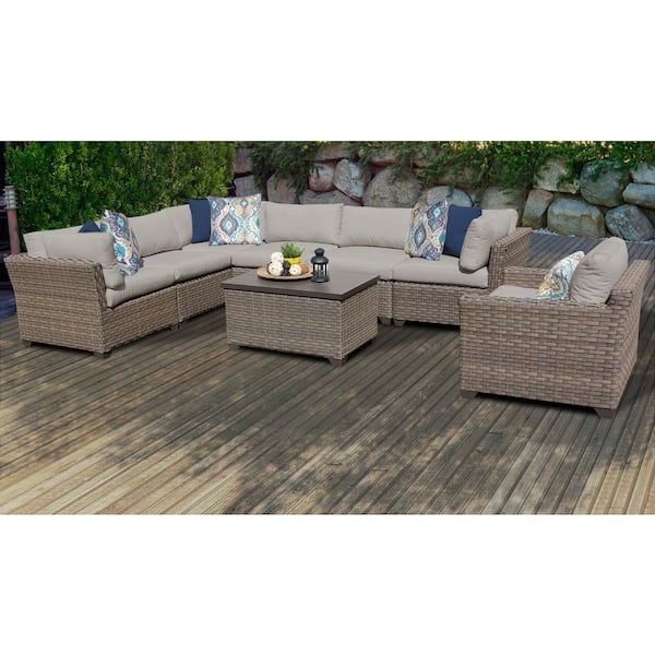 TK CLASSICS Monterey 8-Piece Wicker Patio Conversation Sectional Seating Group with Beige Cushions