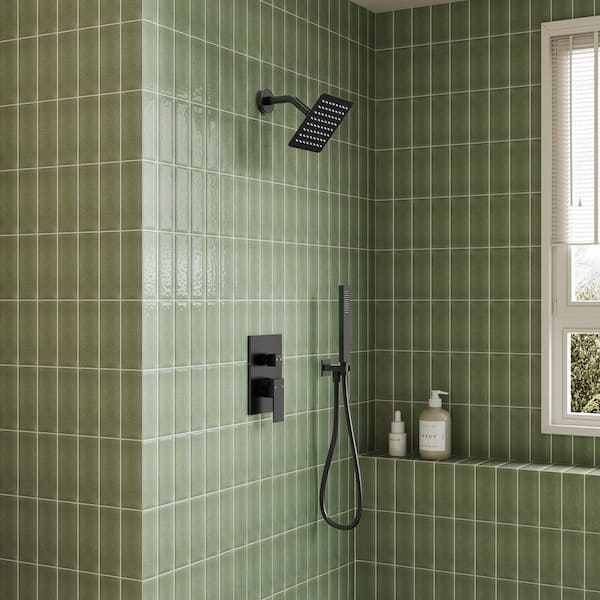 Single Handle 2-Spray Patterns Square 6 in. Shower Faucet with Handheld 2.5 GPM, Anti Scald in Matte Black