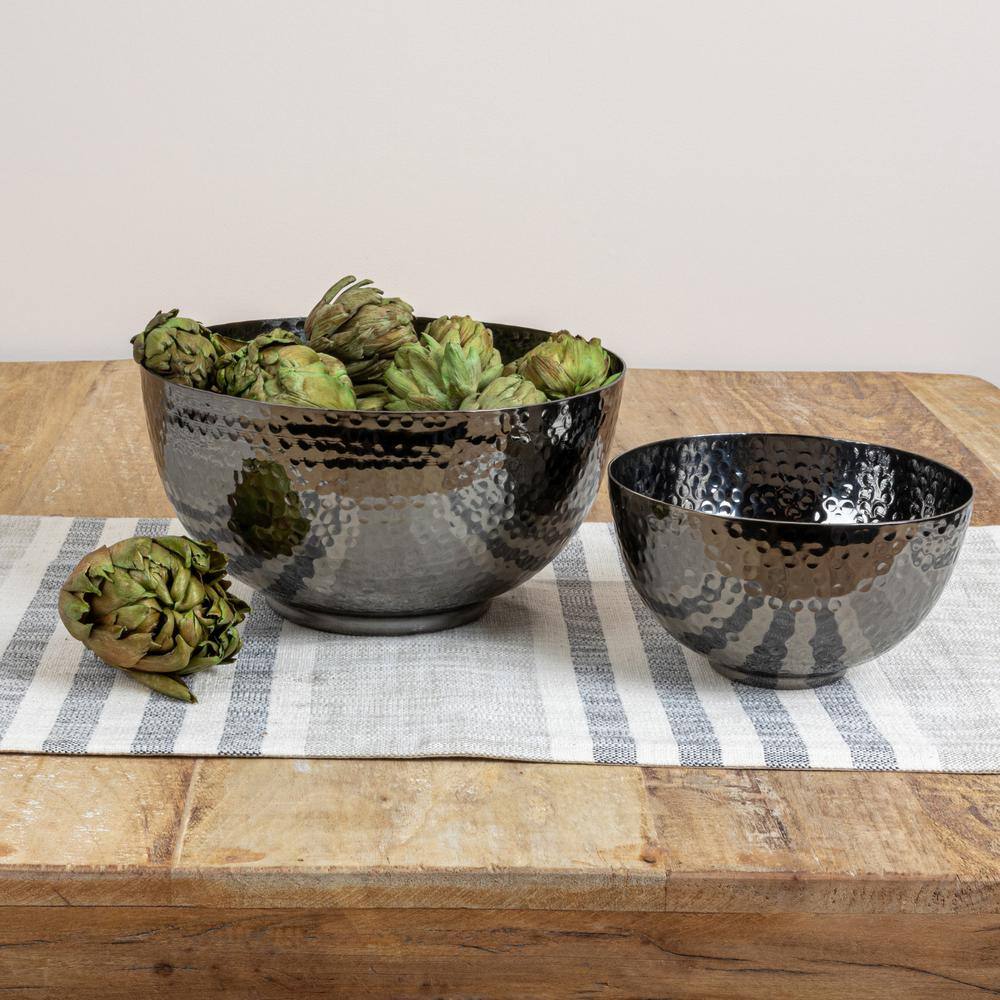 Oxidized Silver Hand-Hammered Metal Serving Bowls, Set of 2