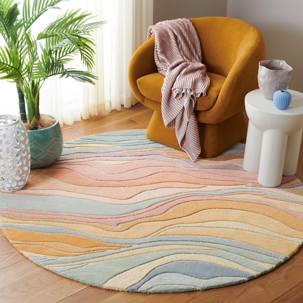 Rodeo Drive 8 ft. x 8 ft. Round Blue/Blush Abstract Wavy Area Rug