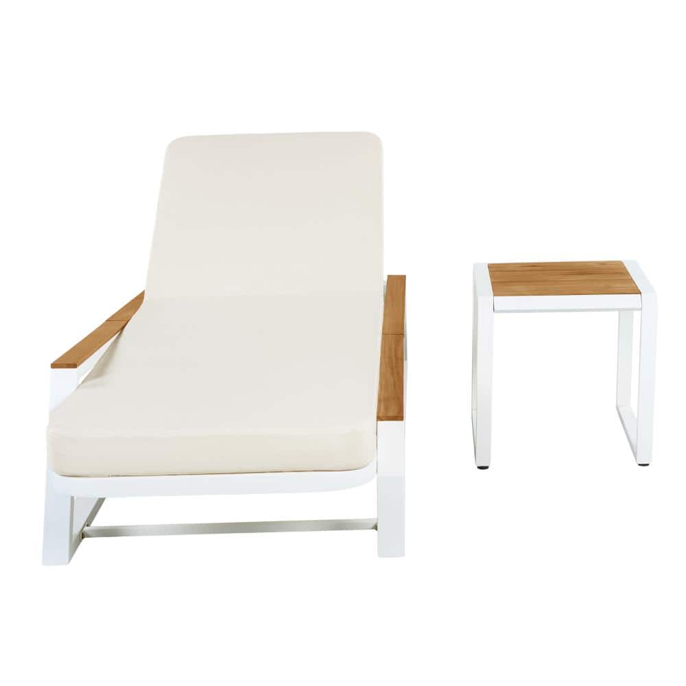 3-Piece Outdoor Chaise Lounge Set with Cream Cushion and Side Table, White Iron Frame