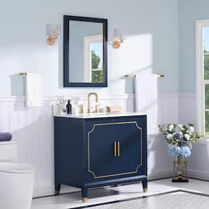 MELODY 36 in. W x 22 in. D x 35 in. H Single Sink Freestanding Bath Vanity in Navy Blue with White Qt. Top and Mirror