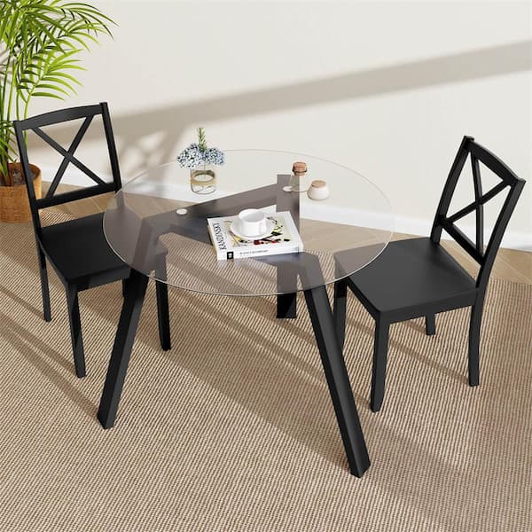 Costway Modern Black Glass 35.5 in. 3 Legs Base Dining Table Seats 4