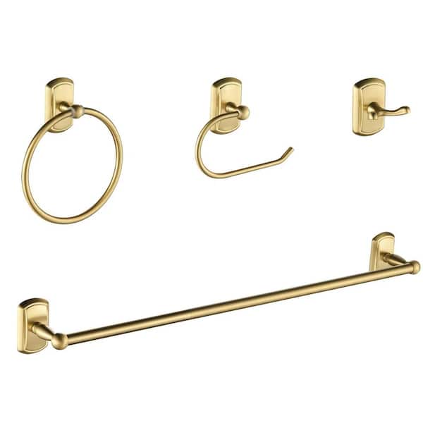 4-Piece Bath Hardware Set with Towel Bar, Towel Ring, Robe Hook, Toilet Paper Holder Wall Mounted in Matte Gold
