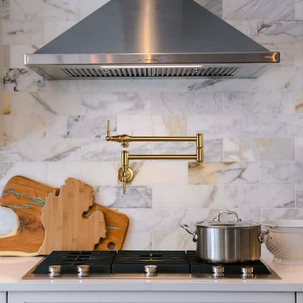 Wall Mounted Pot Filler with 2-Handle in Brushed Gold
