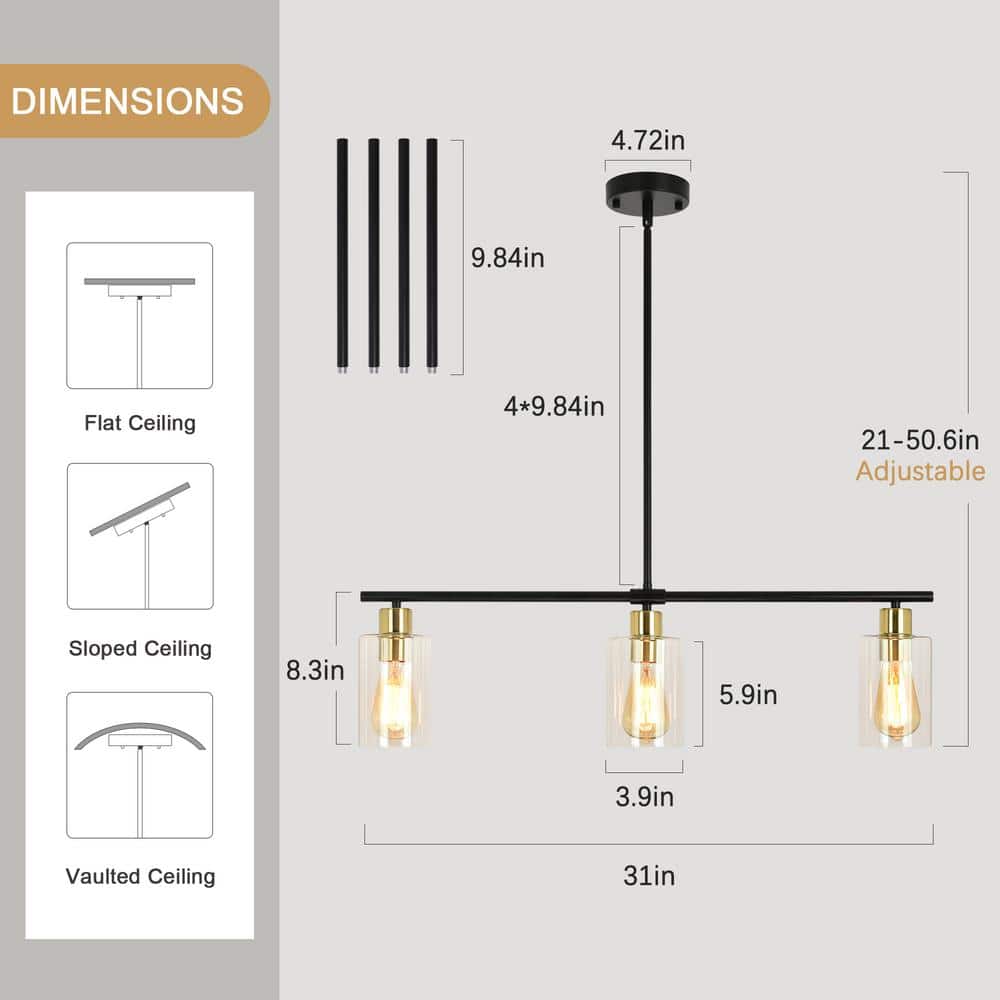 Black and Gold Linear Metal Chandelier with Clear Glass Shades