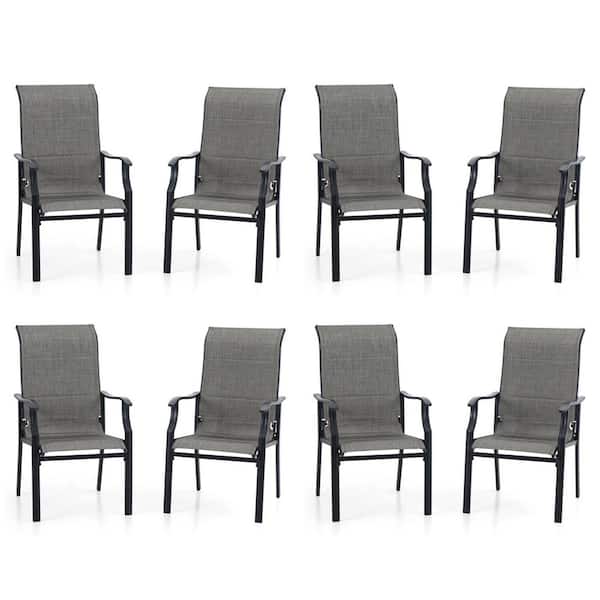 PHI VILLA Ergonomic High Back Padded Textilene Metal Outdoor Dining Chair with Brown-gray Cushion (8-Pack)