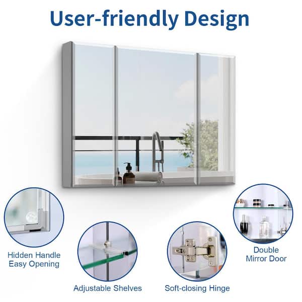 Unbranded 36 in. W x 26 in. H Large Rectangular Silver Aluminum Recessed Surface Mount Medicine Cabinet with Mirror