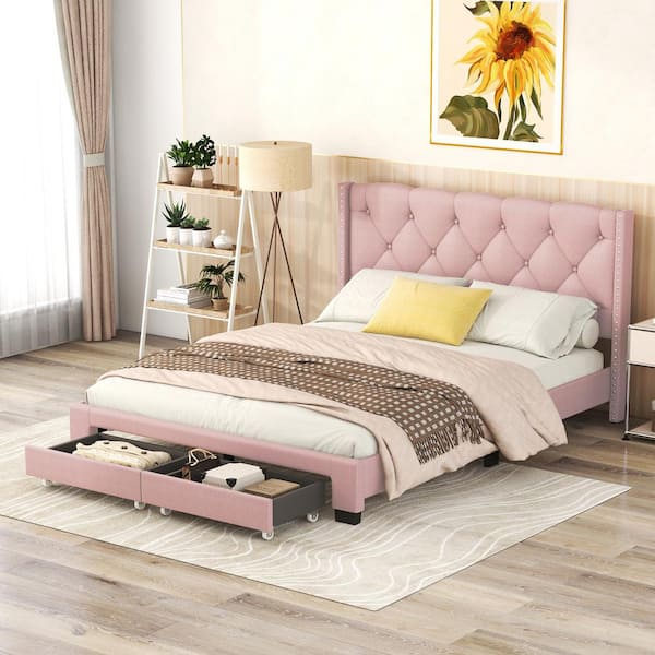 Harper & Bright Designs Pink Wood Frame Queen Size Linen Upholstered Platform Bed with 2-Drawers