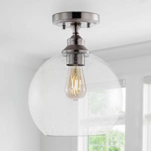 Marla 9.75 in. 1-Light Nickel Bohemian Farmhouse Iron/Seeded Glass LED Semi Flush Mount, Clear