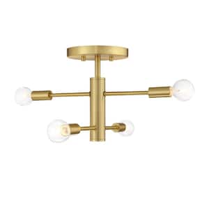 Arlo 14.25 in. 4-Light Brushed Gold Minimalist Semi Flush Mount with Bare Bulbs for Dining Rooms