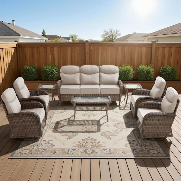 High Crescent 8-Piece Brown Wicker Patio Conversation Set with Beige Cushions and Table