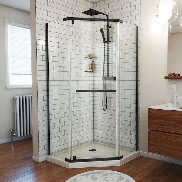 DreamLine Prism 36 in. W x 74.75 in. H Neo Angle Pivot Semi-Frameless Corner Shower Enclosure in Black with Biscuit Shower Base