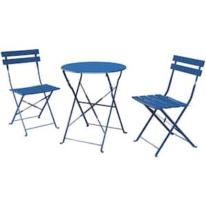 3-Piece Metal Outdoor Bistro Set, Folding Patio Furniture Sets, Patio Set of Patio Table and Chairs, Clean Design, Blue