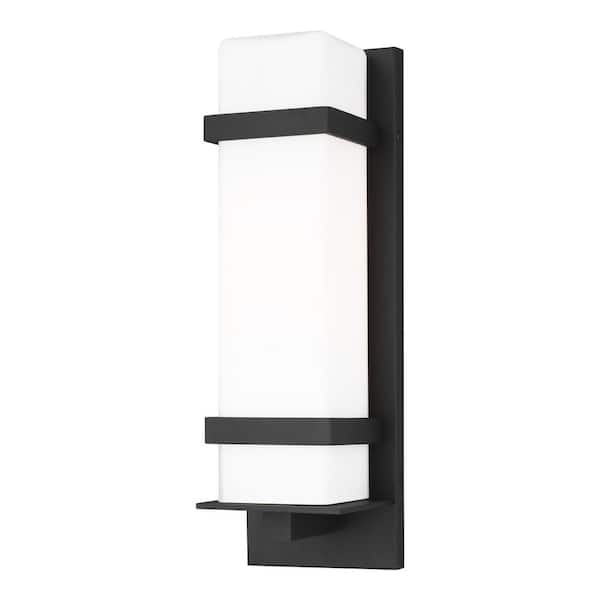 Generation Lighting Alban Medium 1-Light Black Outdoor Wall Lantern Sconce With Square Etched Opal Glass Shade and LED Bulb