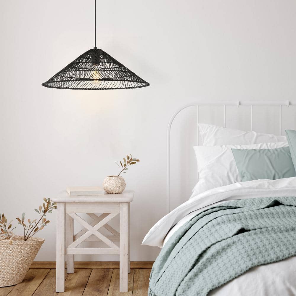 Nova 20.25" Black Rattan Cone LED Pendant with Adjustable Cord