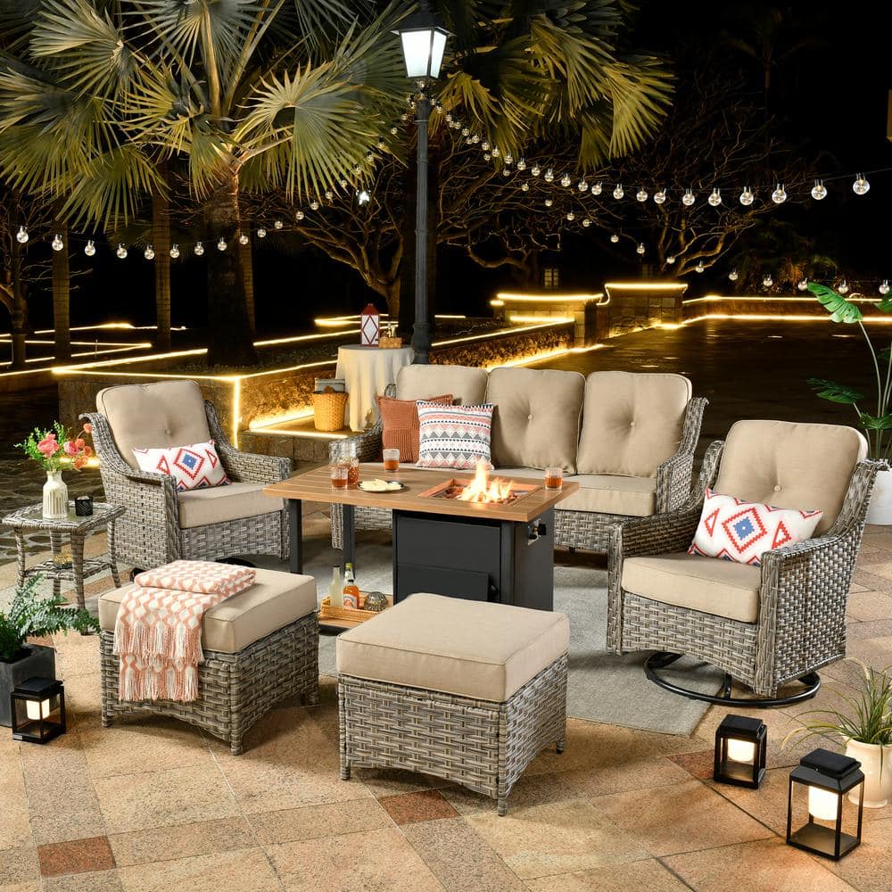 Verona Grey 7-Piece Wicker Outdoor Fire Pit Patio Conversation Sofa Set with Swivel Chairs and Beige Cushions -  HOOOWOOO, SFP-YZPD607