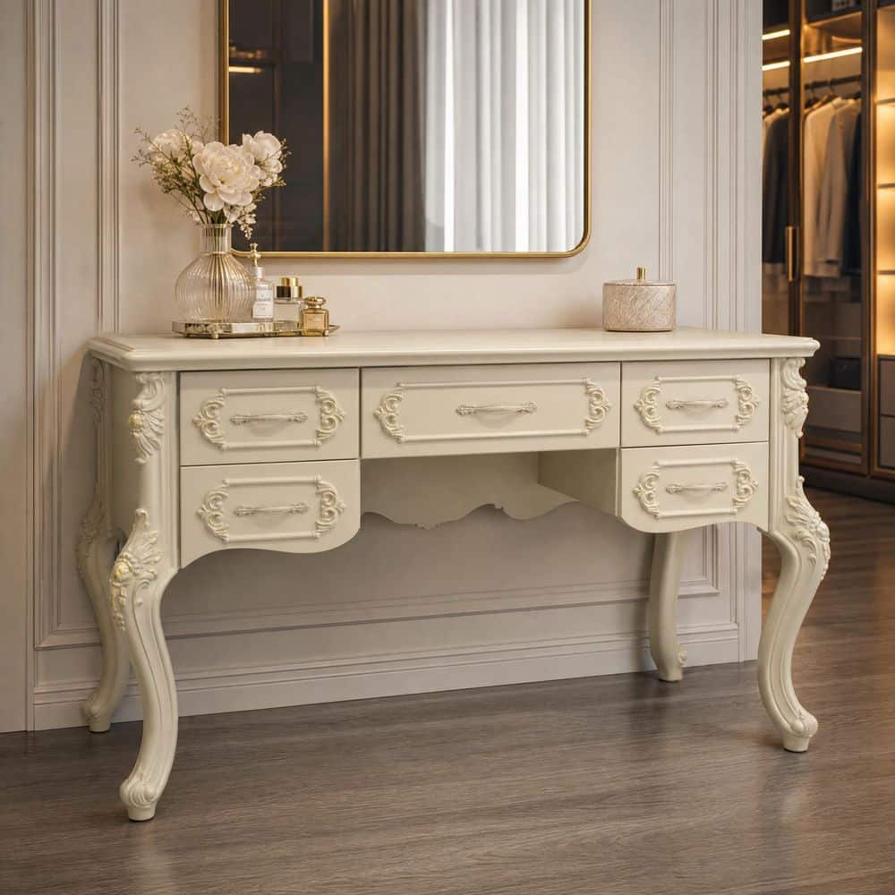 1-Piece White Bedroom Makeup Vanity Table with 4-Drawer, Curved Legs, Decorative Drawer Fronts and No Mirror