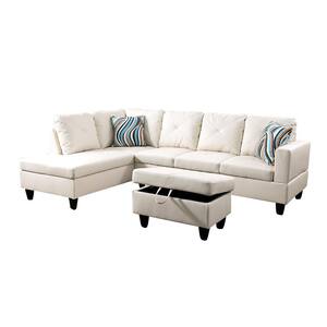 66.5 in. W Square Arm 3-Piece Faux Leather Sectional Sofa in White