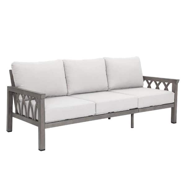 Limed Oak Aluminum Outdoor Couch with Gray Cushions Loveseat Sofa