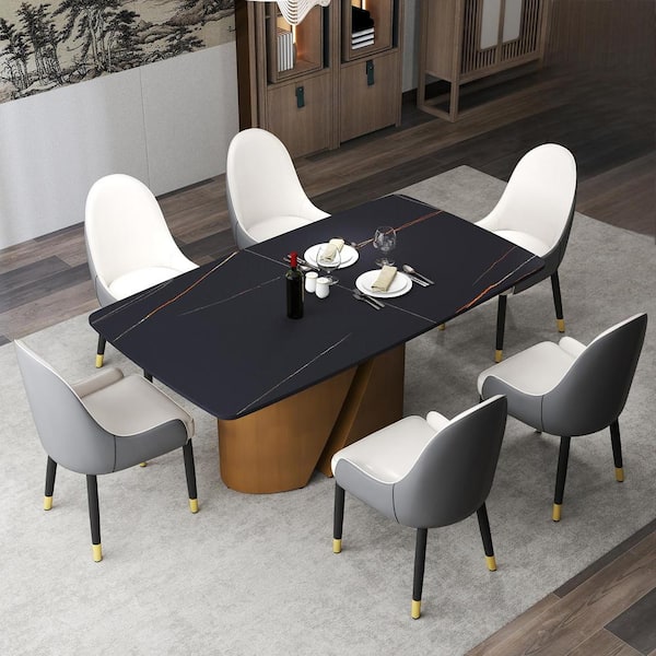 Magic Home 71 in. Rectangle Round Edge Sintered Stone Top Pedestal Pandora Bronze Metal Base Dining Table (Seats 8)