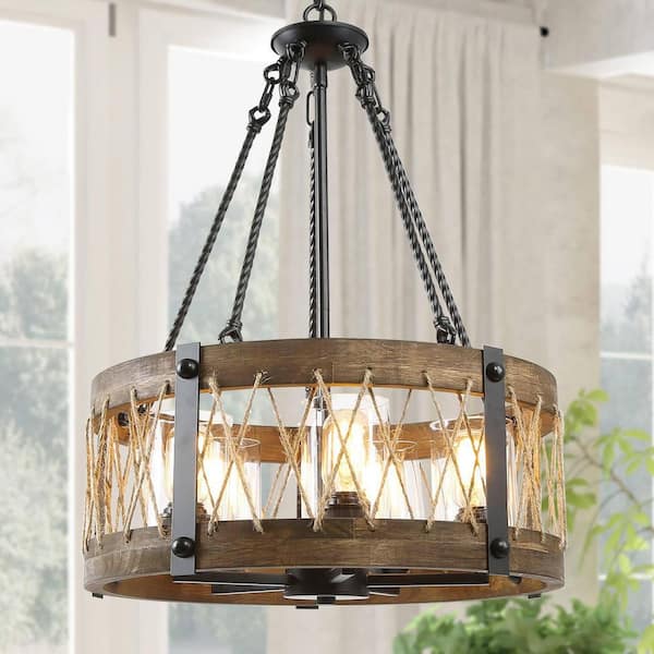Farmhouse 5-Light Black and Pine Wood Drum Chandelier for Dining Table with No Bulb Included