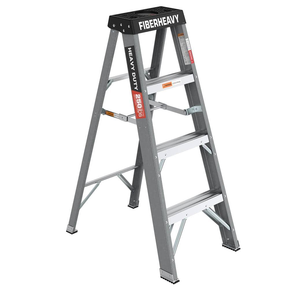 Grey 4 ft. Fibreglass Step Ladder (8 ft. Reach Height) with 250 lbs. Load C