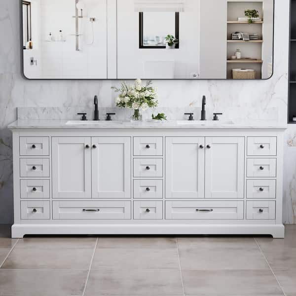 ANGELES HOME 84 in. Solid Wood Double Sink White Bath Vanity with White Carrara Marble Top, 4-Doors, 15-Drawers, Soft Closing