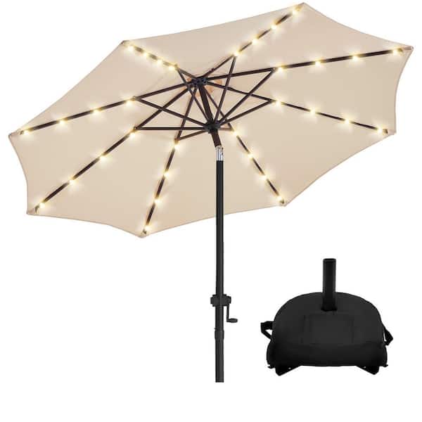 wikiwiki 11 ft. Solar LED Lighted Market Patio Umbrella with Base and Push Button Tilt in Beige