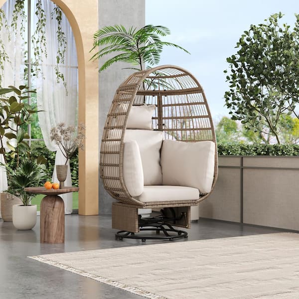 Clihome Outdoor Natural Wicker Rattan Swivel Chair Patio Swing Egg Chair with Beige Cushions