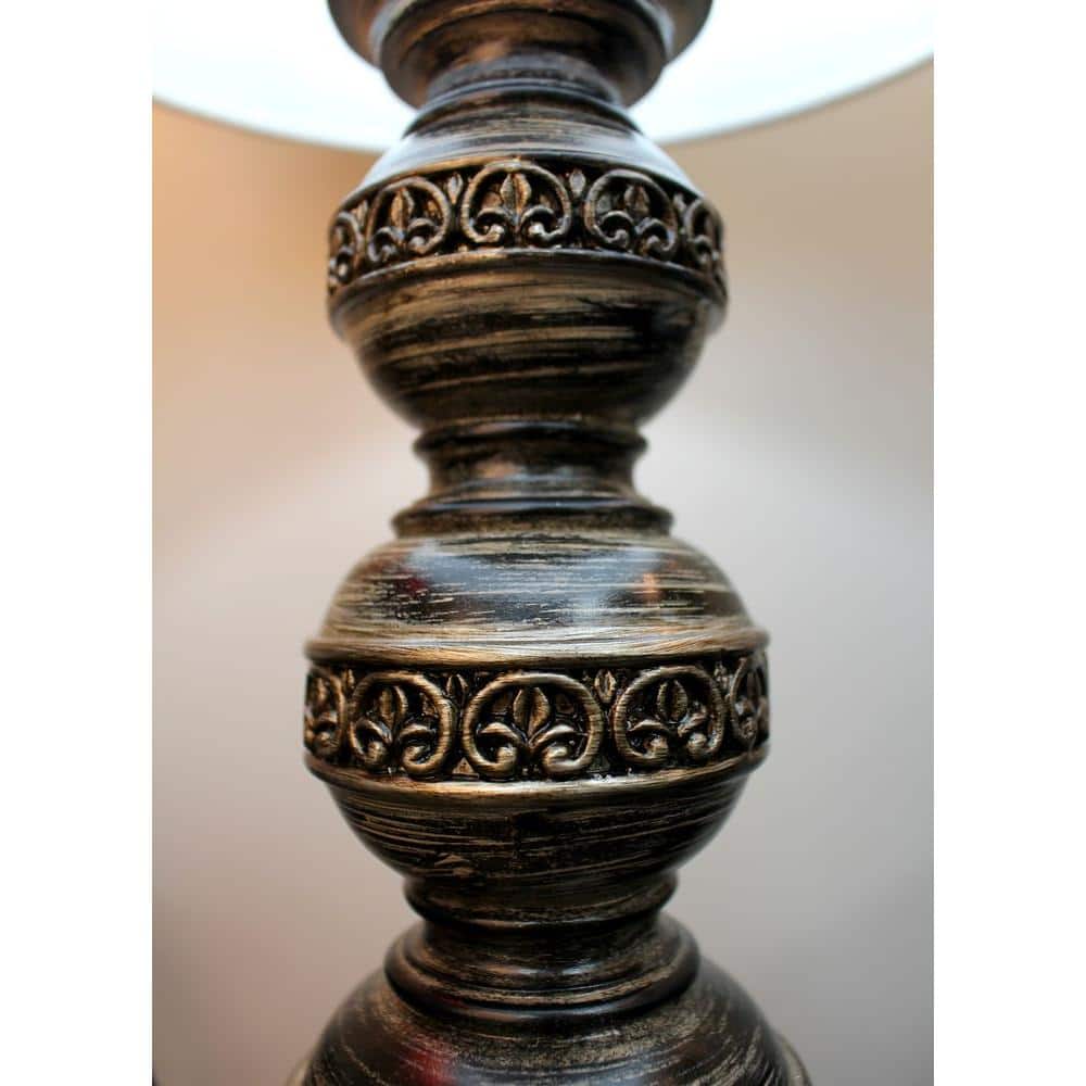 Aged Bronze Stacked Ball Table Lamp with Linen Flower Shade