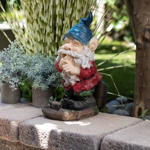 15 in. Tall Outdoor Garden Gnome Smiling Yard Statue Decoration, Multicolor