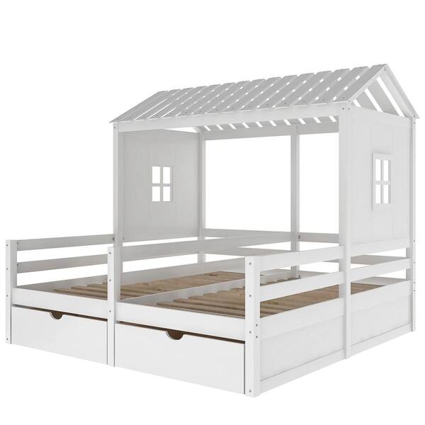 White Wood Twin Size Platform Beds, Logik Twin L Shaped Bunk Bed With Drawers