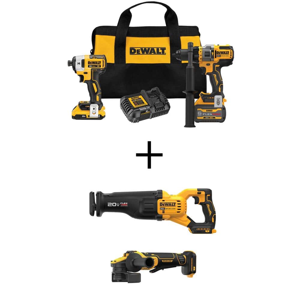 DEWALT 20V MAX Cordless Brushless Hammer Drill/Driver Combo Kit, 20V Reciprocating Saw, and 20V Angle Grinder -  DCK2100W386416