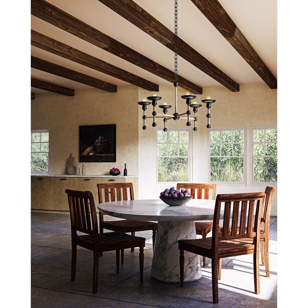 Matte Black and Natural Corn Fiber Rope 6-Light Chandelier