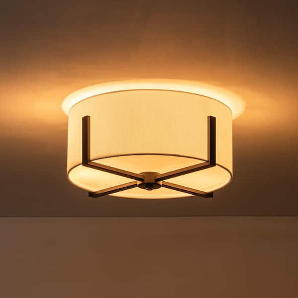 16.93 In. 2-Light Black Modern Farmhouse Flush Mount Ceiling Light Industrial Semi-Flush Mount With White Fabric Shade