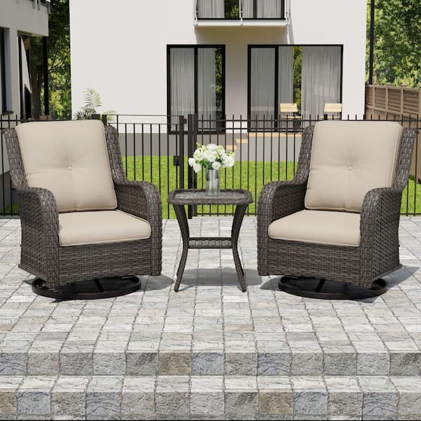 3-Piece Patio Brown Wicker Frame Outdoor Rocking Chairs Swivel Chairs with Beige Cushions and 1 Side Table