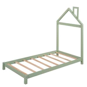 Kids Green Twin Size Wood Platform Bed with House Shaped Headboard